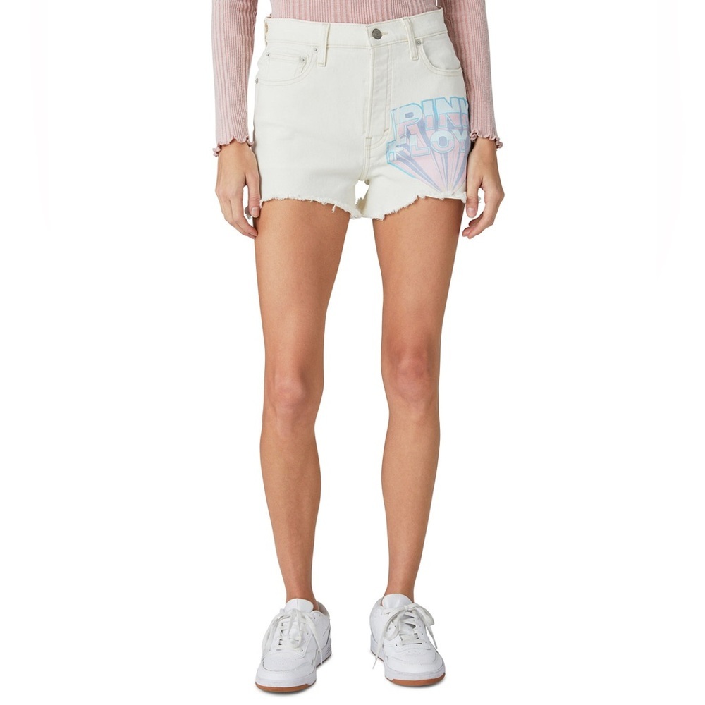 NWT Lucky Brand White Pink Floyd Frayed High Waist‎ Denim Mom Shorts Size…